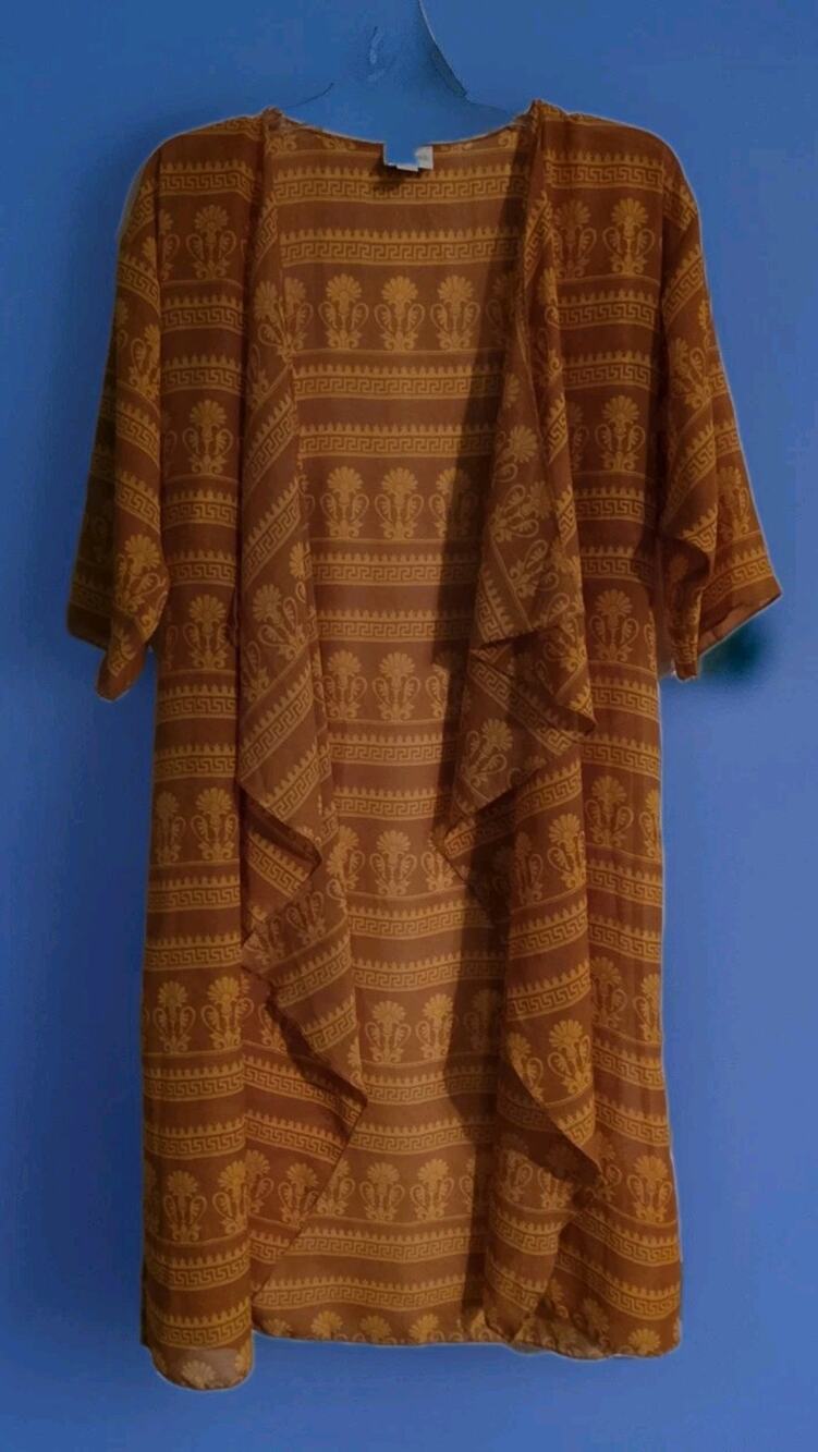 LuLaRoe Sarah Cardigan Women’s Small Brown Gold Kimono Duster Open Front Boho